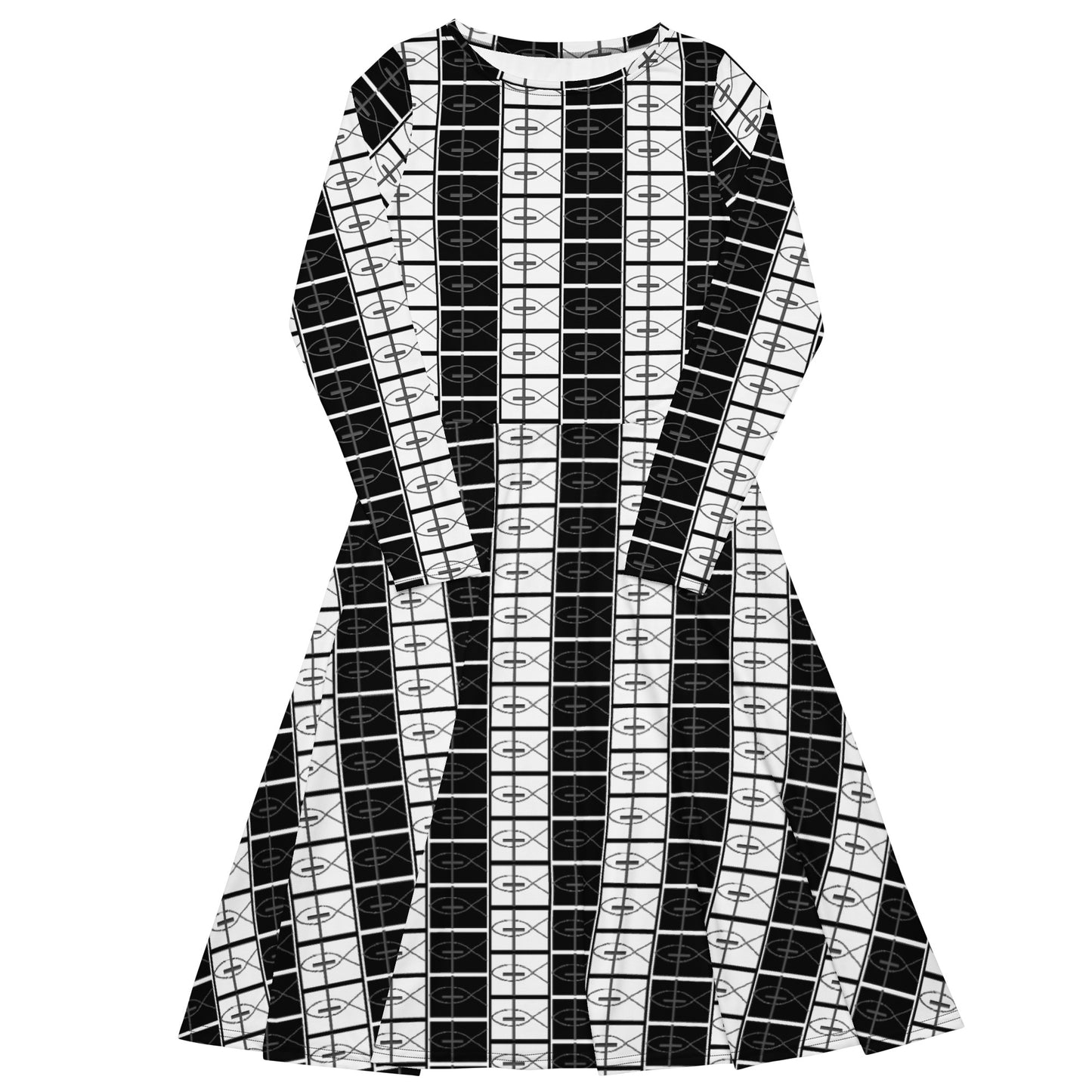 Ichthys and Cross Black and White Patterned Midi Dress