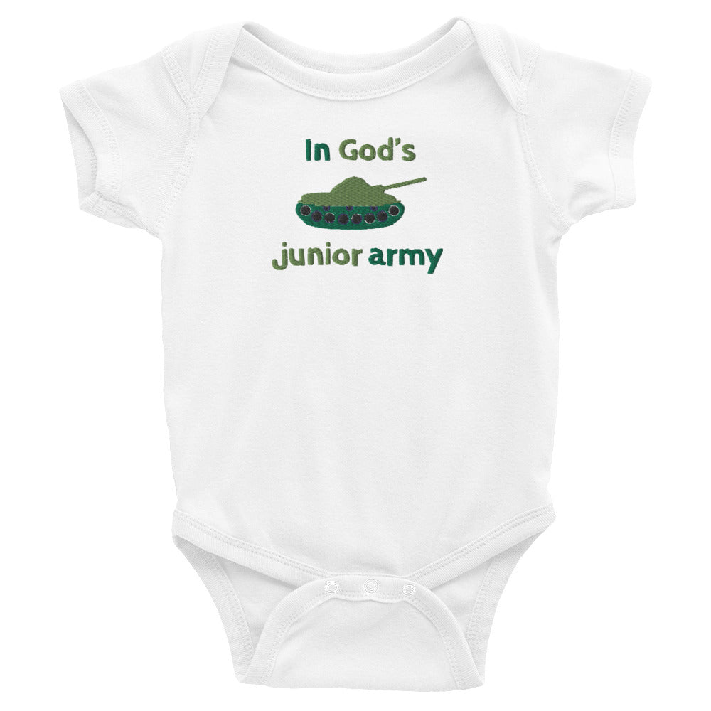 In God's Junior Army Embroidered Baby Bodysuit