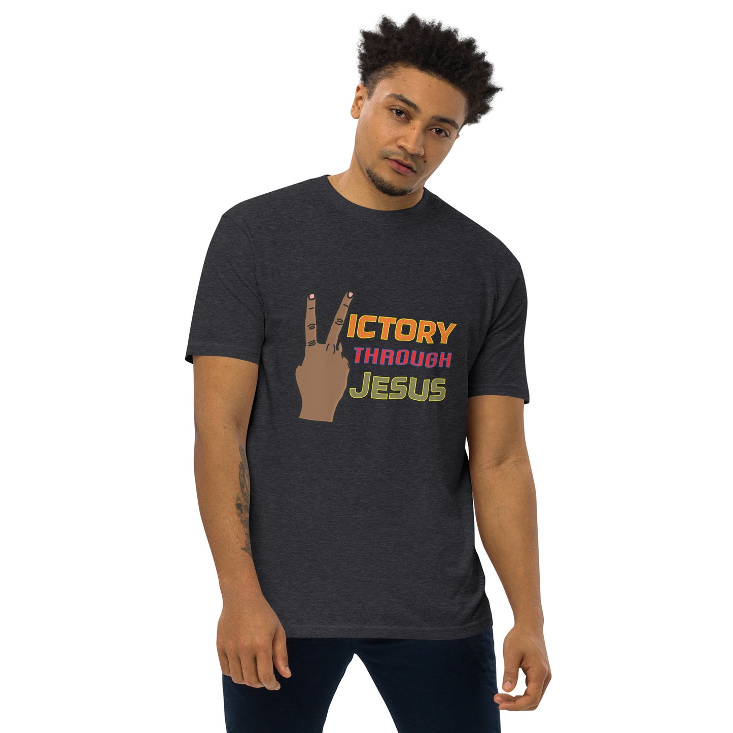 Victory through Jesus 1 Men’s Heavyweight Tee