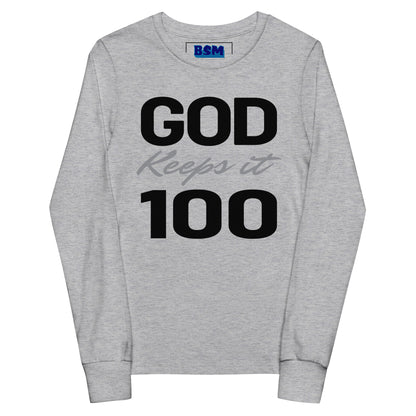 God Keeps It 100 Youth Long-Sleeve Tee