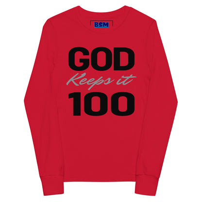 God Keeps It 100 Youth Long-Sleeve Tee