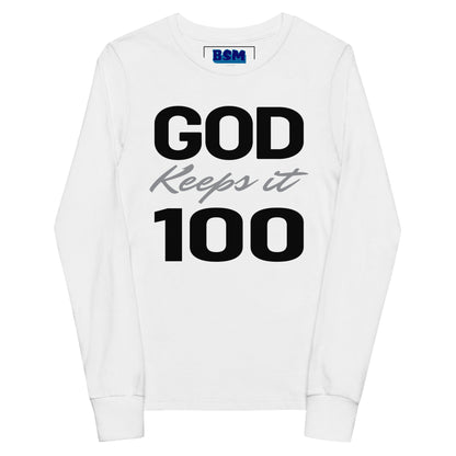 God Keeps It 100 Youth Long-Sleeve Tee